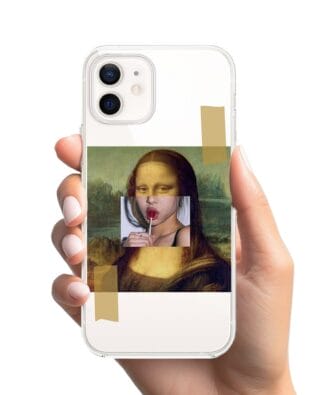 Etui do iPhone 12 przeźroczyste, silikonowe Flexi, Mona Lisa z lizakiem