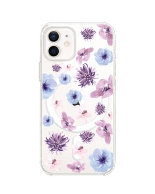 Etui do iPhone 12 Mini z MagSafe przeźroczyste, silikonowe Flexi, kwiatki niebieskie, fioletowe