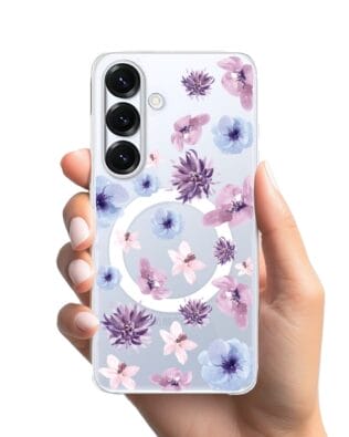 Etui do Samsung Galaxy S25 z MagSafe przeźroczyste, silikonowe Flexi, kwiatki niebieskie, fioletowe