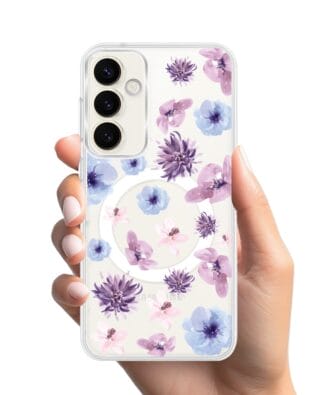 Etui do Samsung Galaxy S23 FE 5G z MagSafe przeźroczyste, silikonowe Flexi, kwiatki niebieskie, fioletowe
