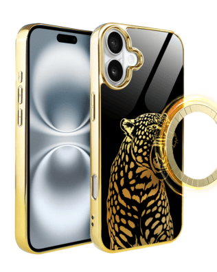 Etui do iPhone 16 IBIZU Elite Glass z MagSafe, szklany tył, Golden Midnight, Ryczący Jaguar, złote