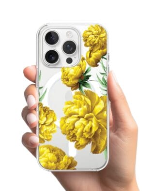 Etui do iPhone 13 Pro z MagSafe przeźroczyste, silikonowe Flexi, żółte piwonie
