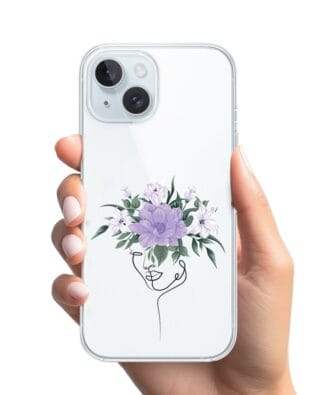Etui do iPhone 15 Plus przeźroczyste, silikonowe Flexi, kobieta z kwiatami