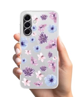 Etui do Samsung Galaxy A56 5G przeźroczyste, silikonowe Flexi, kwiatki niebieskie, fioletowe