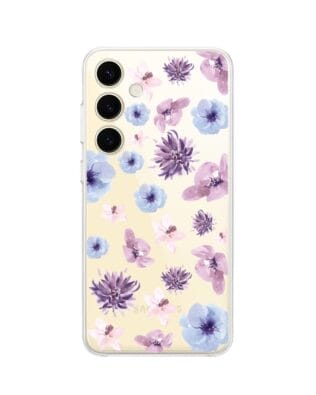 Etui do Samsung Galaxy S24 Plus przeźroczyste, silikonowe Flexi, kwiatki niebieskie, fioletowe