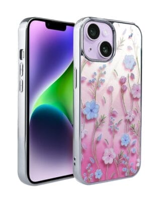 Etui do iPhone 14 IBIZU Elite Glass 3D, szklany tył, letnie kwiaty o zachodzie słońca, srebrne