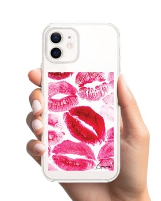 Etui do iPhone 12 Mini z MagSafe przeźroczyste, silikonowe Flexi, pocałunki z napisem „love”