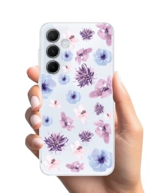 Etui do Samsung Galaxy A55 5G przeźroczyste, silikonowe Flexi, kwiatki niebieskie, fioletowe