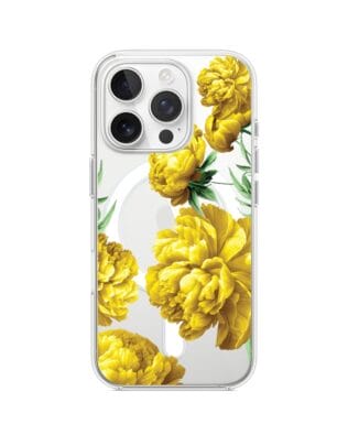Etui do iPhone 15 Pro z MagSafe przeźroczyste, silikonowe Flexi, żółte piwonie