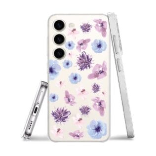 Etui do Samsung Galaxy S23 przeźroczyste, silikonowe Flexi, kwiatki niebieskie, fioletowe (1)