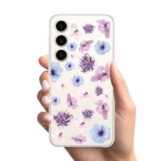 Etui do Samsung Galaxy S23 przeźroczyste, silikonowe Flexi, kwiatki niebieskie, fioletowe (2)
