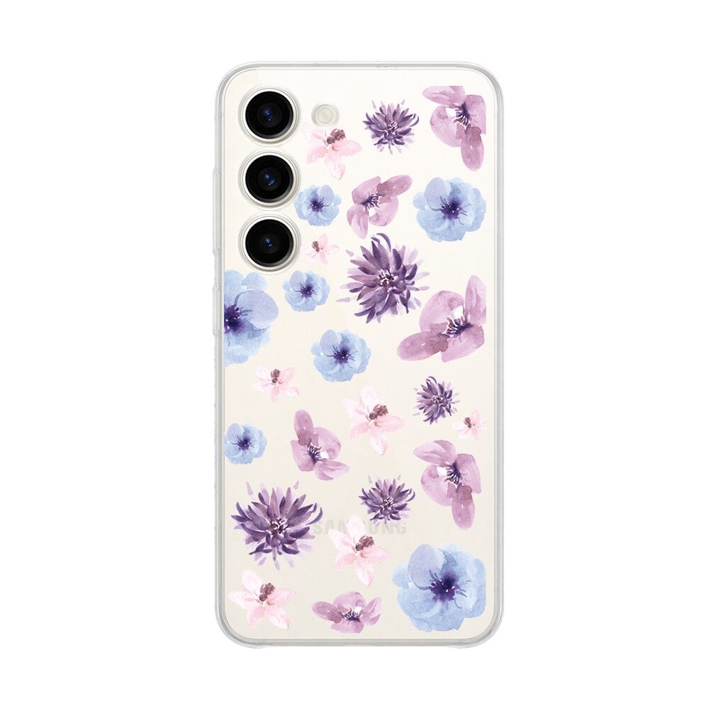 Etui do Samsung Galaxy S23 przeźroczyste, silikonowe Flexi, kwiatki niebieskie, fioletowe (3)