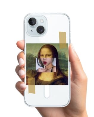 Etui do iPhone 15 Plus z MagSafe przeźroczyste, silikonowe Flexi, Mona Lisa z lizakiem