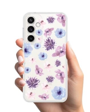Etui do Samsung Galaxy S23 Plus przeźroczyste, silikonowe Flexi, kwiatki niebieskie, fioletowe