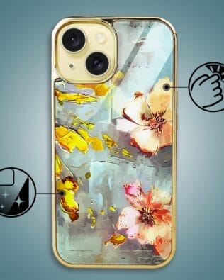 Etui do iPhone 15 IBIZU Elite Glass, szklany tył, kwiaty ze złotem, złote