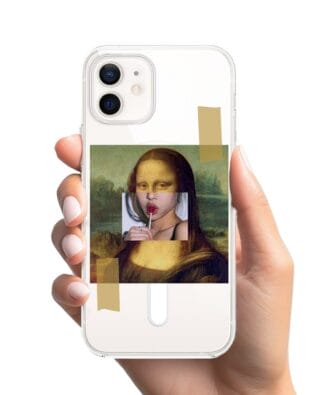 Etui do iPhone 12 z MagSafe przeźroczyste, silikonowe Flexi, Mona Lisa z lizakiem