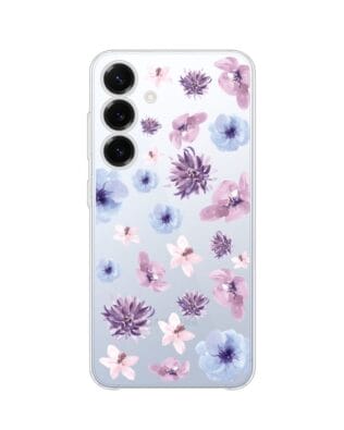 Etui do Samsung Galaxy S25 Plus przeźroczyste, silikonowe Flexi, kwiatki niebieskie, fioletowe