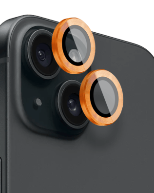 Metalowa osłona obiektywu aparatu ze szkła hartowanego 9H do iPhone 15 Plus, 1 zestaw, pomarańczowa