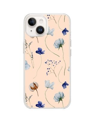 Etui do iPhone 13 przeźroczyste, silikonowe Flexi, kwiatki niebieskie na pudrowym tle