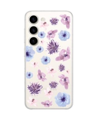 Etui do Samsung Galaxy S23 przeźroczyste, silikonowe Flexi, kwiatki niebieskie, fioletowe