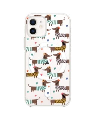 Etui do iPhone 12 z MagSafe przeźroczyste, silikonowe Flexi, zakochane jamniki