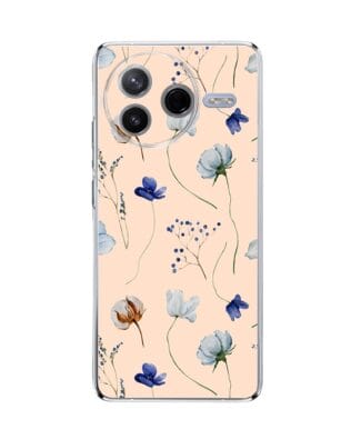 Etui do Xiaomi POCO F7 Pro przeźroczyste, silikonowe Flexi, kwiatki niebieskie na pudrowym tle