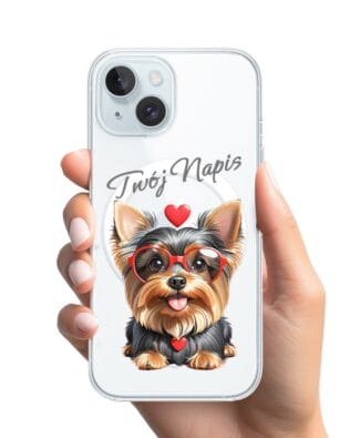 Etui do iPhone 15 Plus z MagSafe przeźroczyste, silikonowe Flexi, Puppy Love, pies rasy York