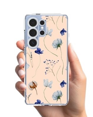 Etui do Samsung Galaxy S25 Ultra przeźroczyste, silikonowe Flexi, kwiatki niebieskie na pudrowym tle