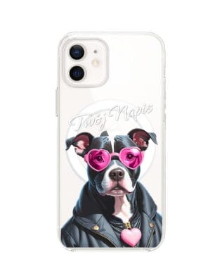 Etui do iPhone 12 z MagSafe przeźroczyste, silikonowe Flexi, Puppy Love, pies rasy Amstaff