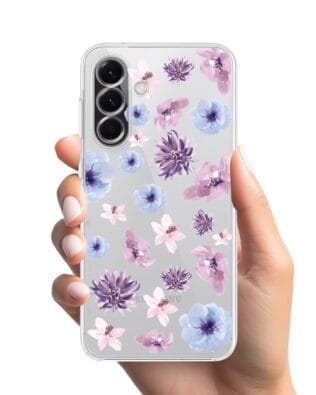 Etui do Samsung Galaxy A56 5G przeźroczyste, silikonowe Flexi, kwiatki niebieskie, fioletowe