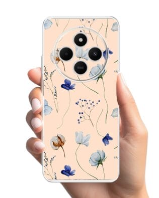 Etui do Xiaomi POCO C75 przeźroczyste, silikonowe Flexi, kwiatki niebieskie na pudrowym tle