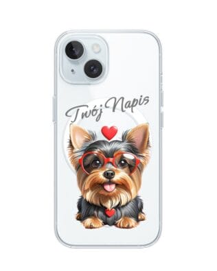 Etui do iPhone 15 z MagSafe przeźroczyste, silikonowe Flexi, Puppy Love, pies rasy York