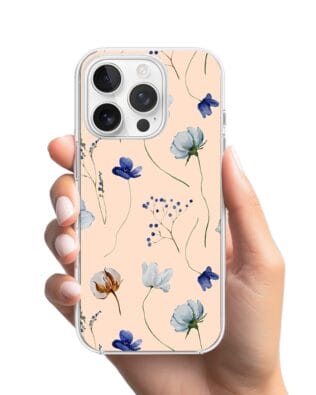 Etui do iPhone 16 Pro Max z MagSafe przeźroczyste, silikonowe Flexi, kwiatki niebieskie na pudrowym tle