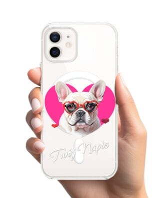 Etui do iPhone 12 Mini z MagSafe przeźroczyste, silikonowe Flexi, Puppy Love, pies rasy Buldog Francuski