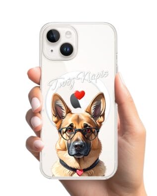 Etui do iPhone 14 Plus z MagSafe przeźroczyste, silikonowe Flexi, Puppy Love, pies rasy Owczarek Niemiecki