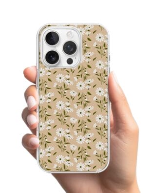 Etui do iPhone 15 Pro Max przeźroczyste, silikonowe Flexi, delikatne kwiatki na cielistym tle