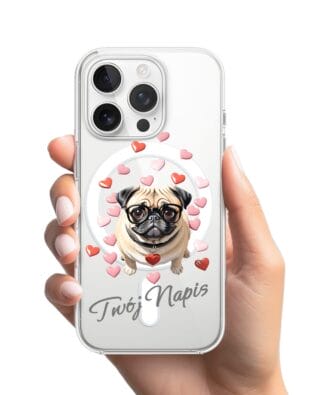 Etui do iPhone 14 Pro z MagSafe przeźroczyste, silikonowe Flexi, Puppy Love, pies rasy Mops