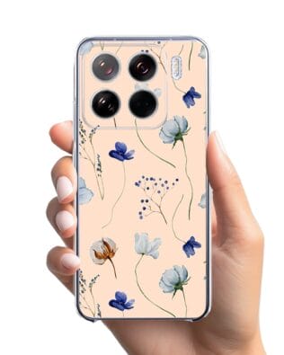 Etui do Xiaomi 15 przeźroczyste, silikonowe Flexi, kwiatki niebieskie na pudrowym tle