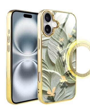 Etui do iPhone 16 Plus IBIZU Elite Glass z MagSafe Kwiaty, Taniec ważek, złote