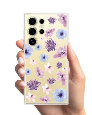 Etui do Samsung Galaxy S24 Ultra przeźroczyste, silikonowe Flexi, kwiatki niebieskie, fioletowe