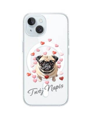 Etui do iPhone 15 z MagSafe przeźroczyste, silikonowe Flexi, Puppy Love, pies rasy Mops