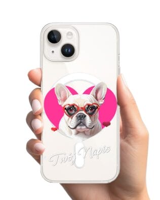 Etui do iPhone 13 Mini z MagSafe przeźroczyste, silikonowe Flexi, Puppy Love, pies rasy Buldog Francuski