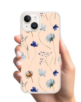 Etui do iPhone 13 Mini z MagSafe przeźroczyste, silikonowe Flexi, kwiatki niebieskie na pudrowym tle