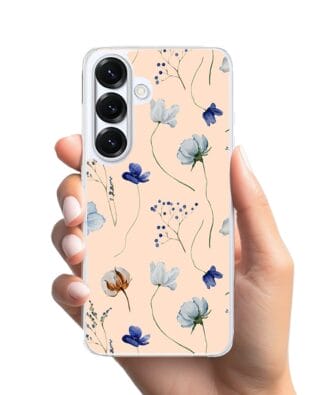 Etui do Samsung Galaxy S25 z MagSafe przeźroczyste, silikonowe Flexi, kwiatki niebieskie na pudrowym tle