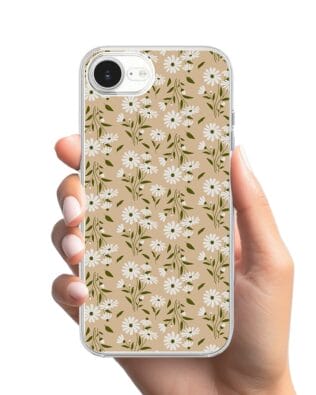 Etui do iPhone 16e przeźroczyste, silikonowe Flexi, delikatne kwiatki na cielistym tle