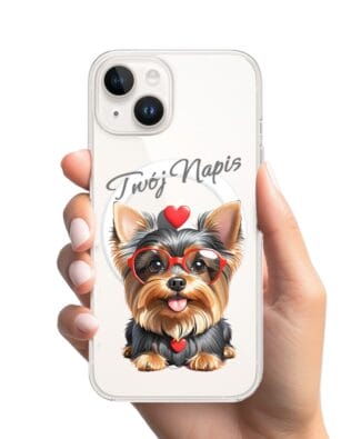 Etui do iPhone 13 Mini z MagSafe przeźroczyste, silikonowe Flexi, Puppy Love, pies rasy York