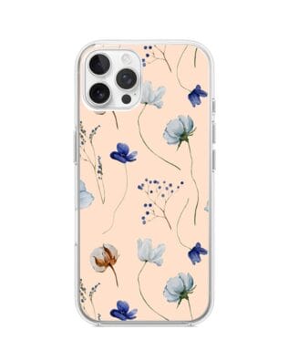 Etui do iPhone 12 Pro Max przeźroczyste, silikonowe Flexi, kwiatki niebieskie na pudrowym tle