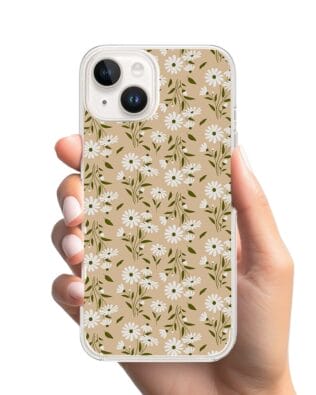 Etui do iPhone 14 Plus z MagSafe przeźroczyste, silikonowe Flexi, delikatne kwiatki na cielistym tle