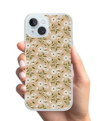 Etui do iPhone 15 Plus przeźroczyste, silikonowe Flexi, delikatne kwiatki na cielistym tle
