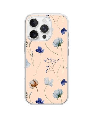 Etui do iPhone 15 Pro Max z MagSafe przeźroczyste, silikonowe Flexi, kwiatki niebieskie na pudrowym tle